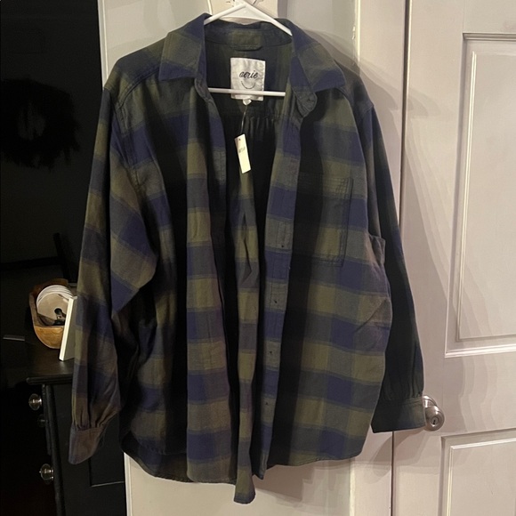 aerie Tops - aerie Olive & Navy Plaid Oversized Button-Up Shirt
